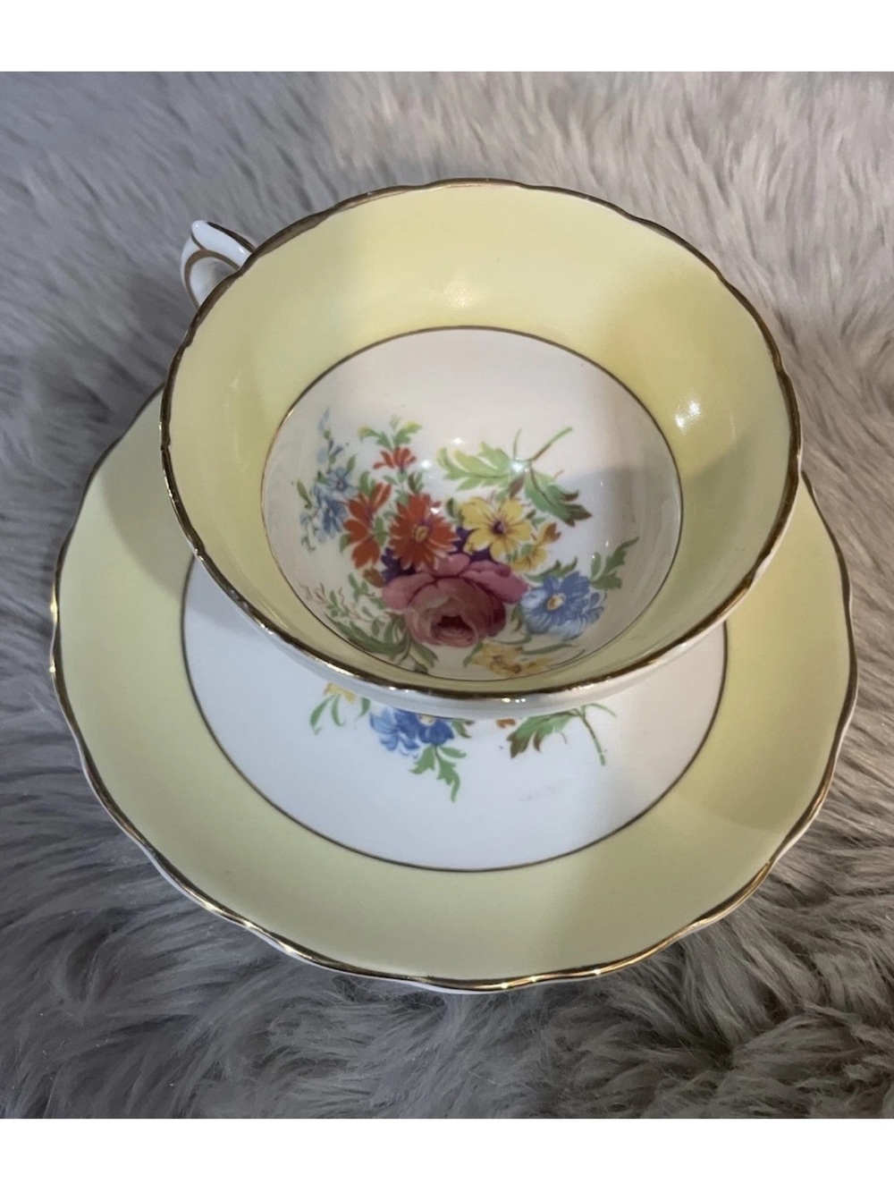 Rosina | Vintage Teacup & Saucer | Floral | Bone China | Made in England Yellow